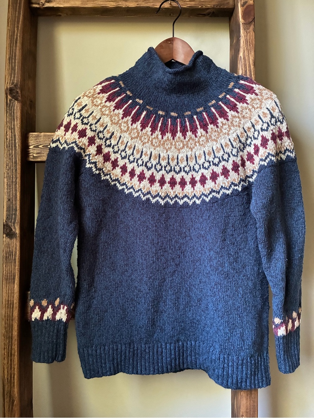 L.L.Bean Fair Isle Nordic Mock Neck Sweater Size M Petite 100% Cotton Fall